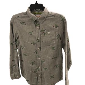Cat & Jack Dinosaur Skiing Long Sleeve Button Down Shirt 100% Cotton, Size 12/14